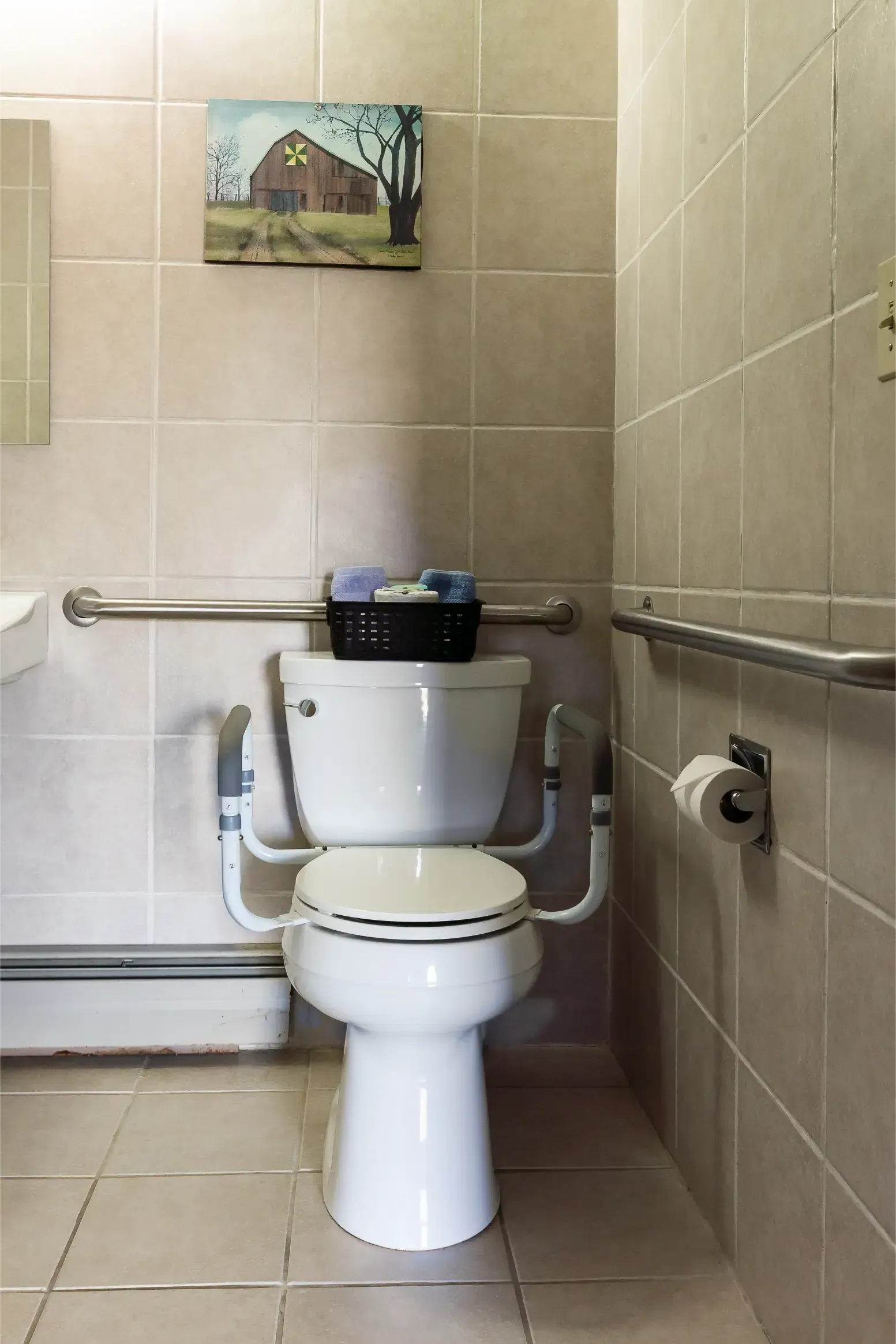 A bathroom with a toilet and a painting on the wall above it