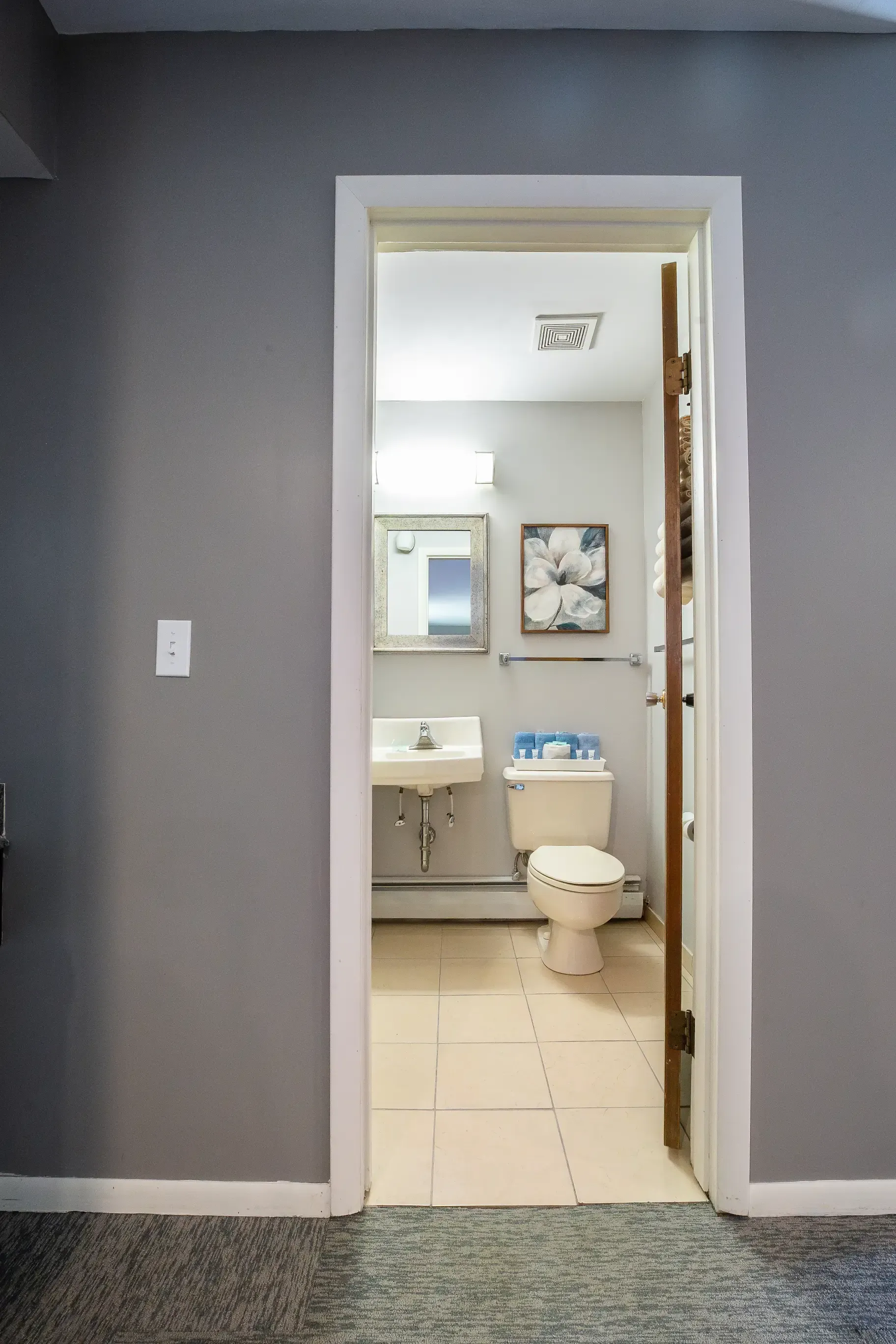 A bathroom with a sink , toilet and mirror.