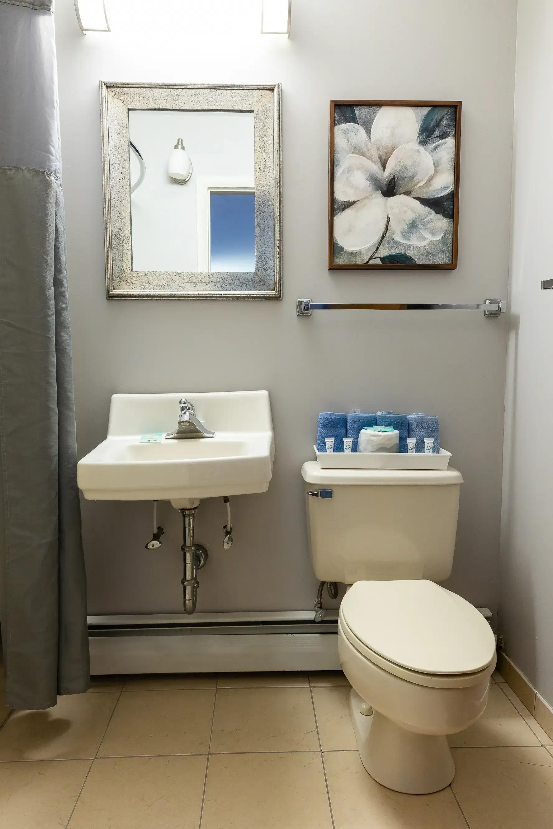 A bathroom with a toilet , sink and mirror