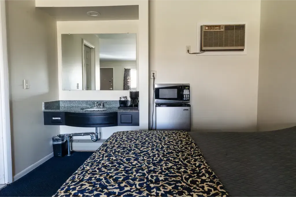 A hotel room with a bed a sink and a microwave