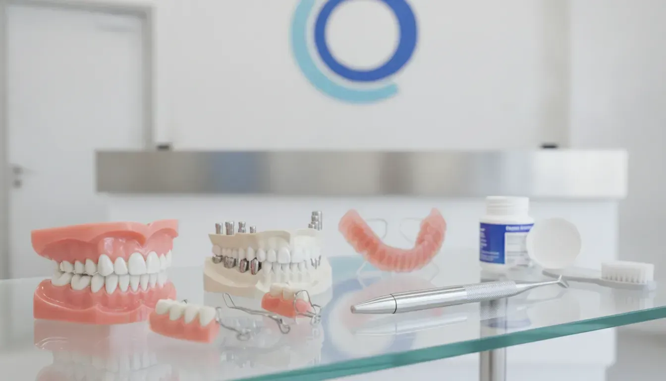 Dentures and dental models beside cleaning tools in a dental office.