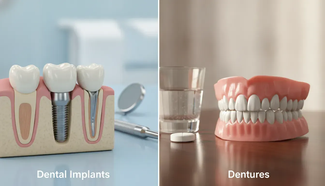 Dental implants vs dentures, featuring an implant model and a full set of removable dentures on a table.