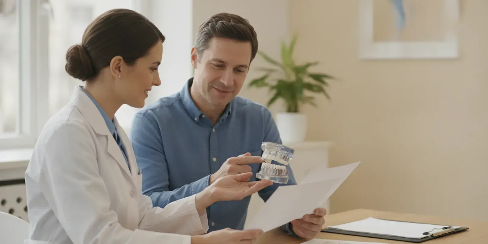 Patient and dentist reviewing an implant treatment plan and insurance paperwork