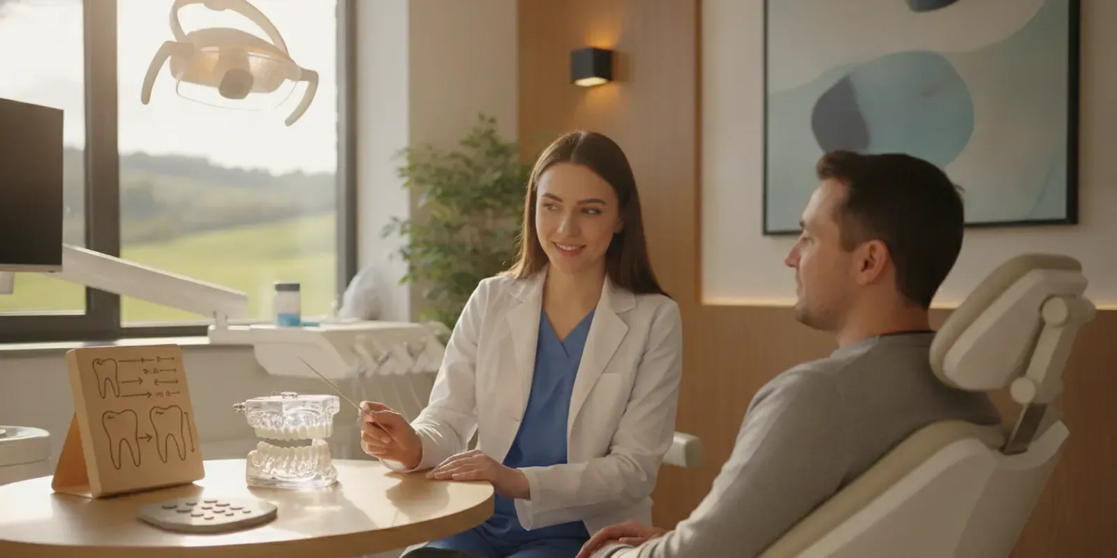 Dental professional discussing a tooth repair plan with a patient in a bright treatment room