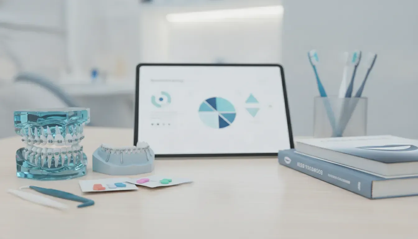 Braces models, toothbrushes, and orthodontic tools on an office desk.