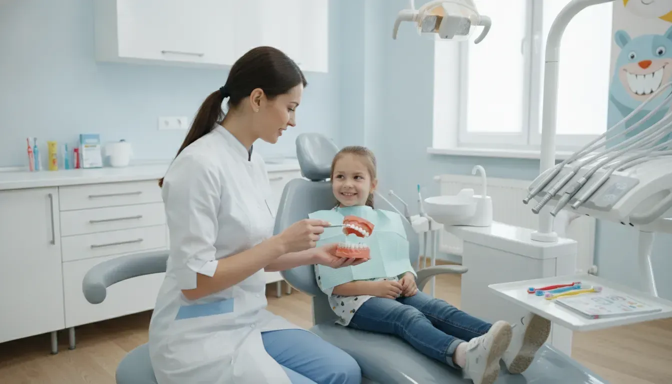 Pediatric dentist showing a dental model to a smiling child during a checkup.