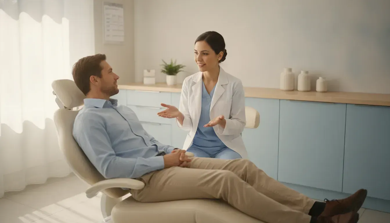 Patient talking with a dentist in a calm dental treatment room before sedation dentistry