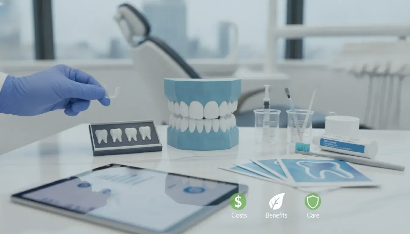 Dental veneer tools and tooth models on a dentist’s desk.