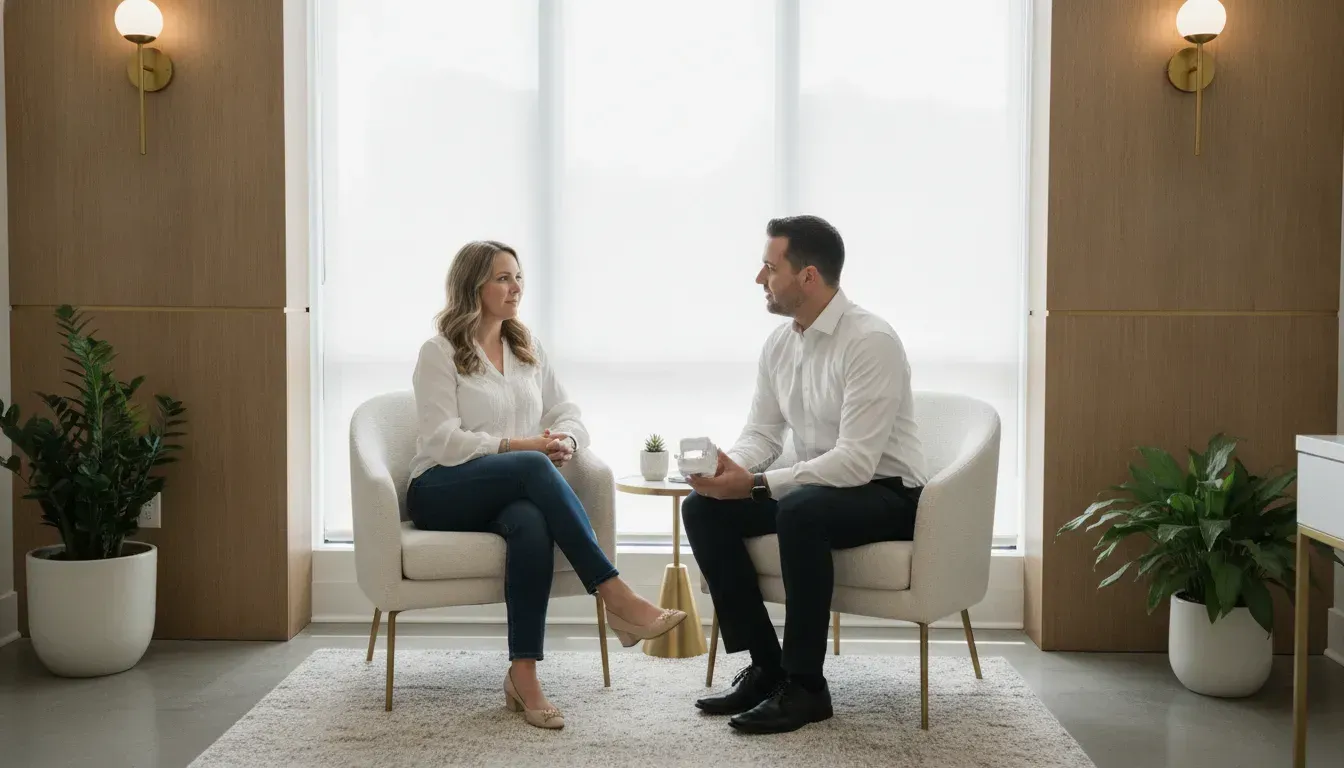 Dentist discussing veneers and crowns with a patient during a calm smile consultation
