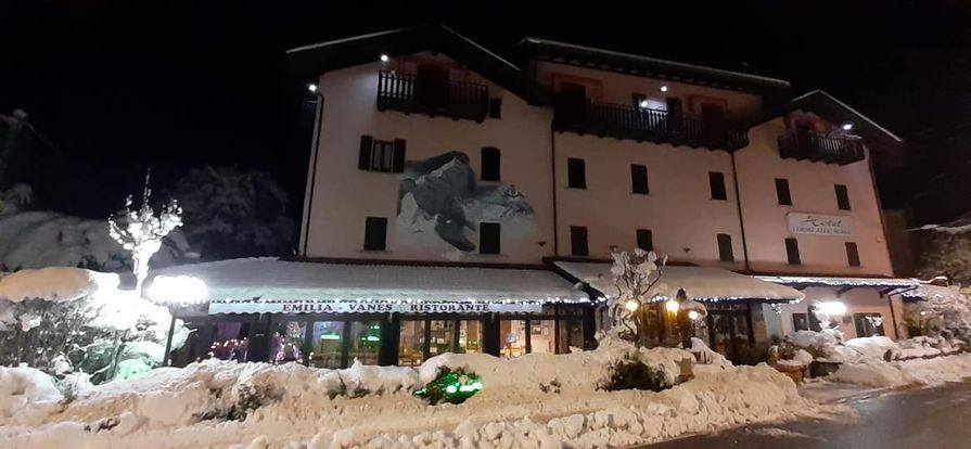 Hotels at night with snow