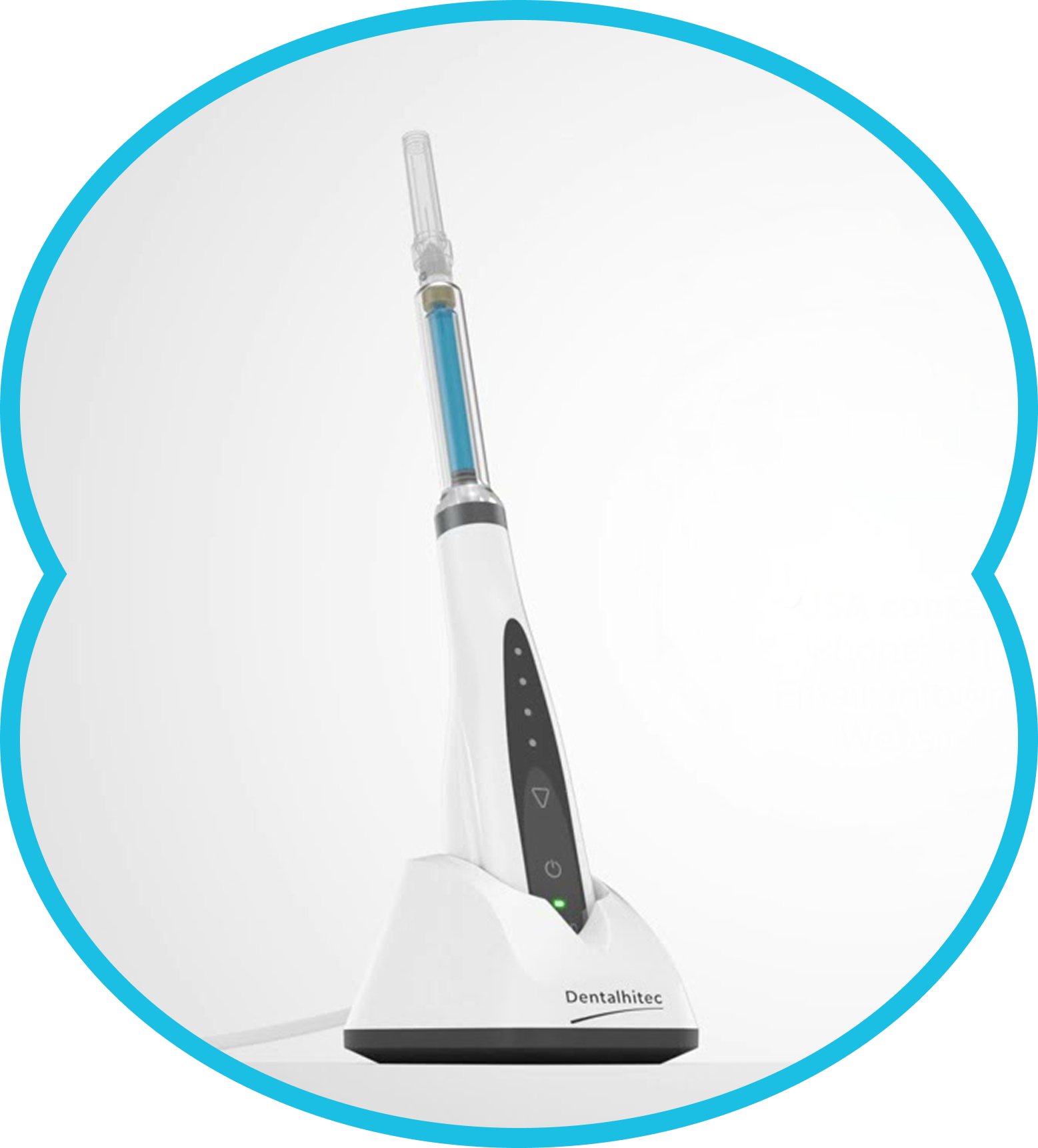 Electric toothbrush on charging base, white and black with a blue accent on a white background