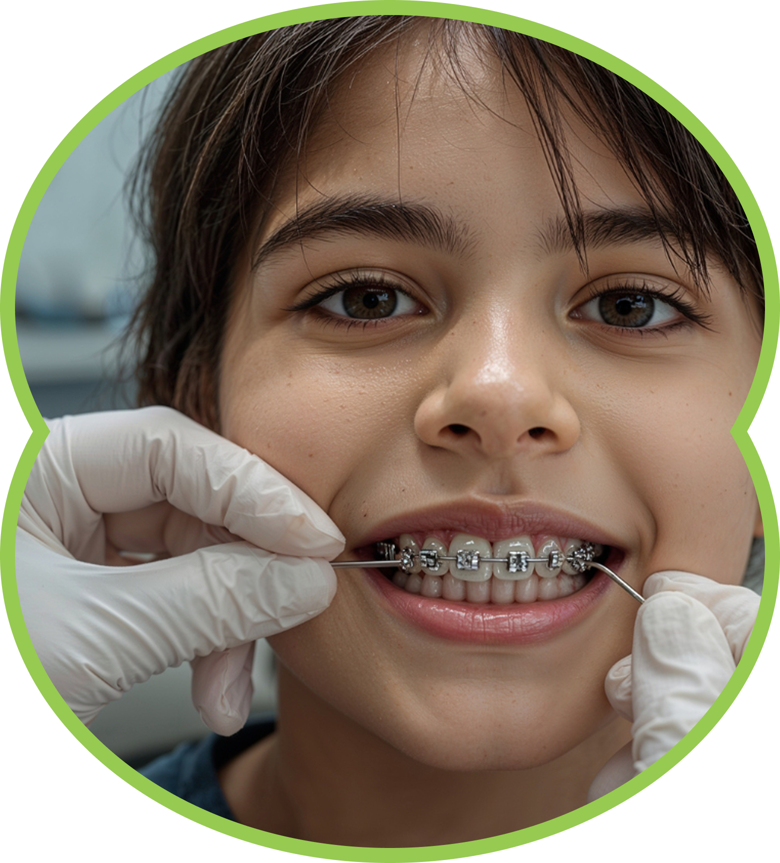 Dentist adjusting braces on a smiling patient close-up