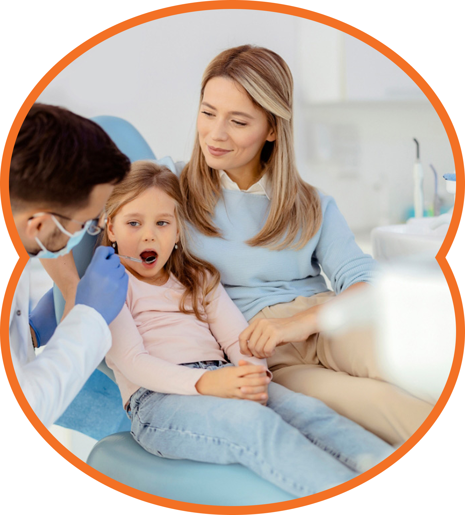 Doctor examining a child with mother in a bright clinic room