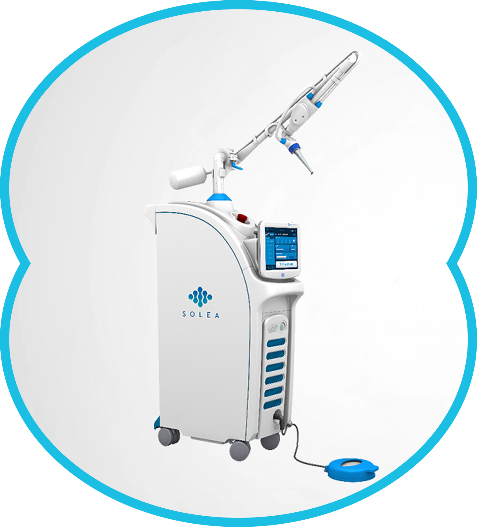 White medical laser device with a touchscreen, arm, and foot pedal on a white background