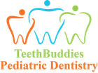 TeethBuddies Pediatric Dentistry logo with three colorful smiling tooth figures and green/orange text
