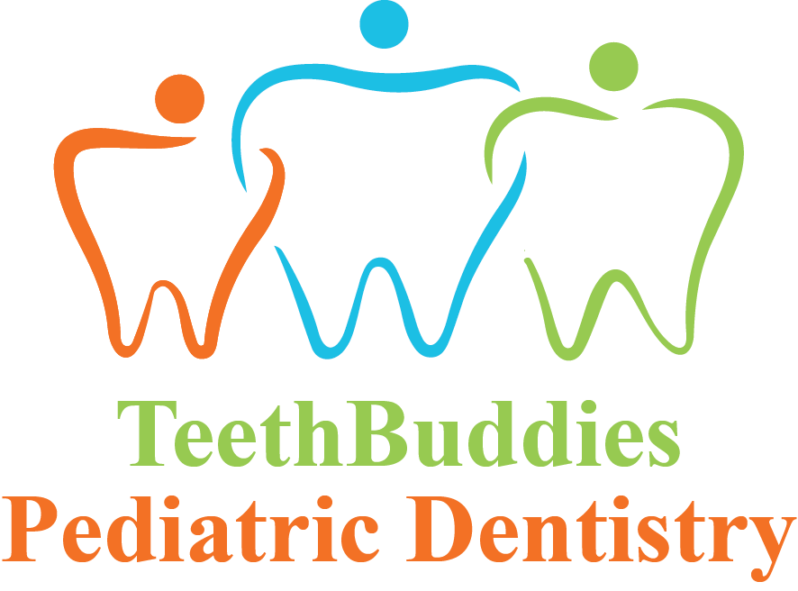 TeethBuddies Pediatric Dentistry logo with three colorful smiling tooth figures and green/orange text