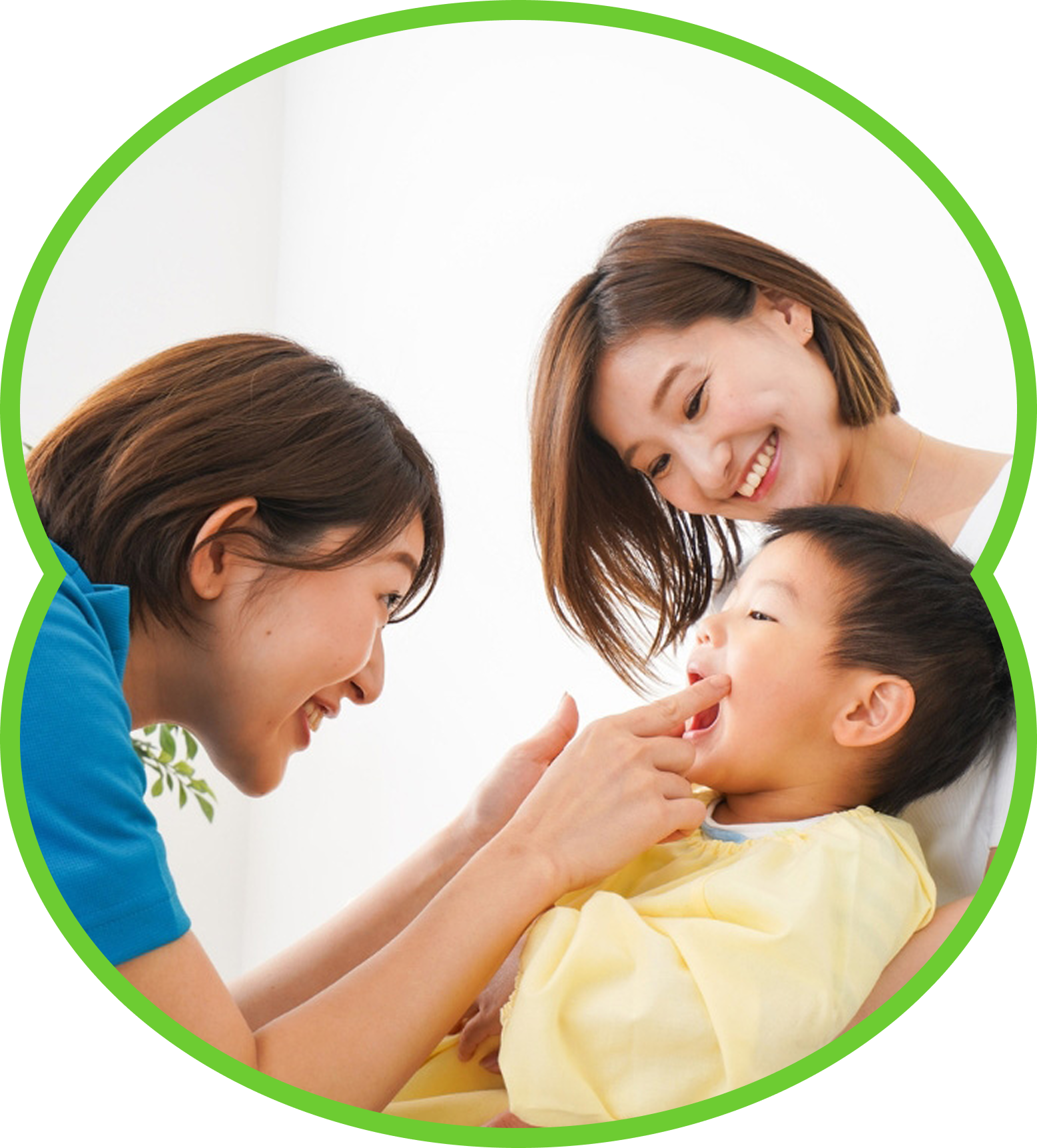 Parent and child smiling in a bright circle frame, with a caregiver gently feeding a toddler