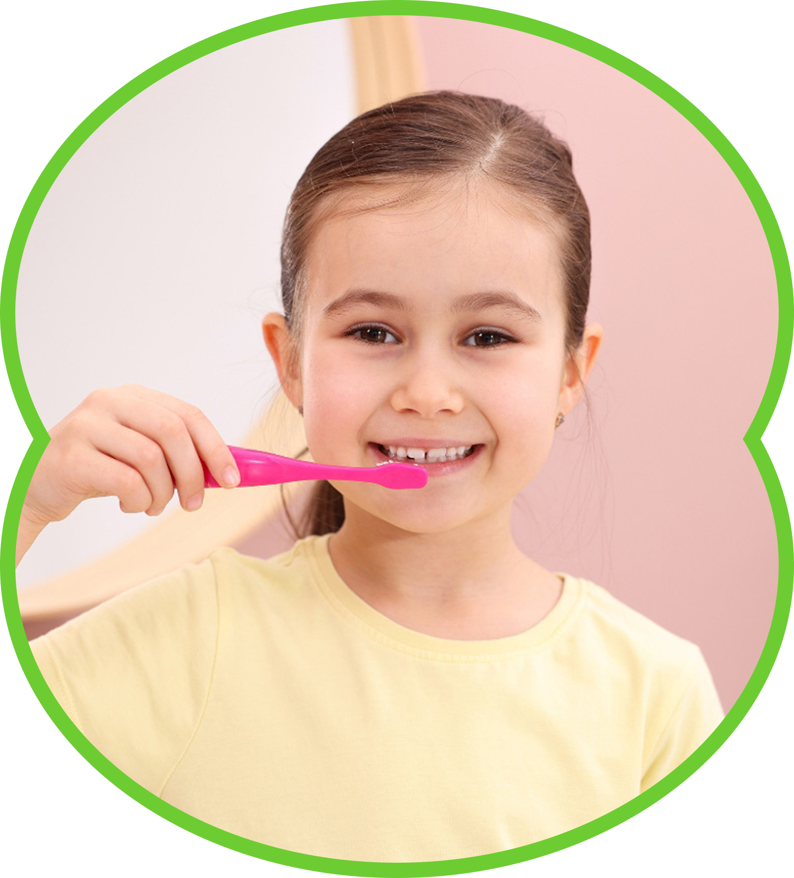 Girl brushing teeth with a pink toothbrush inside a green circle frame