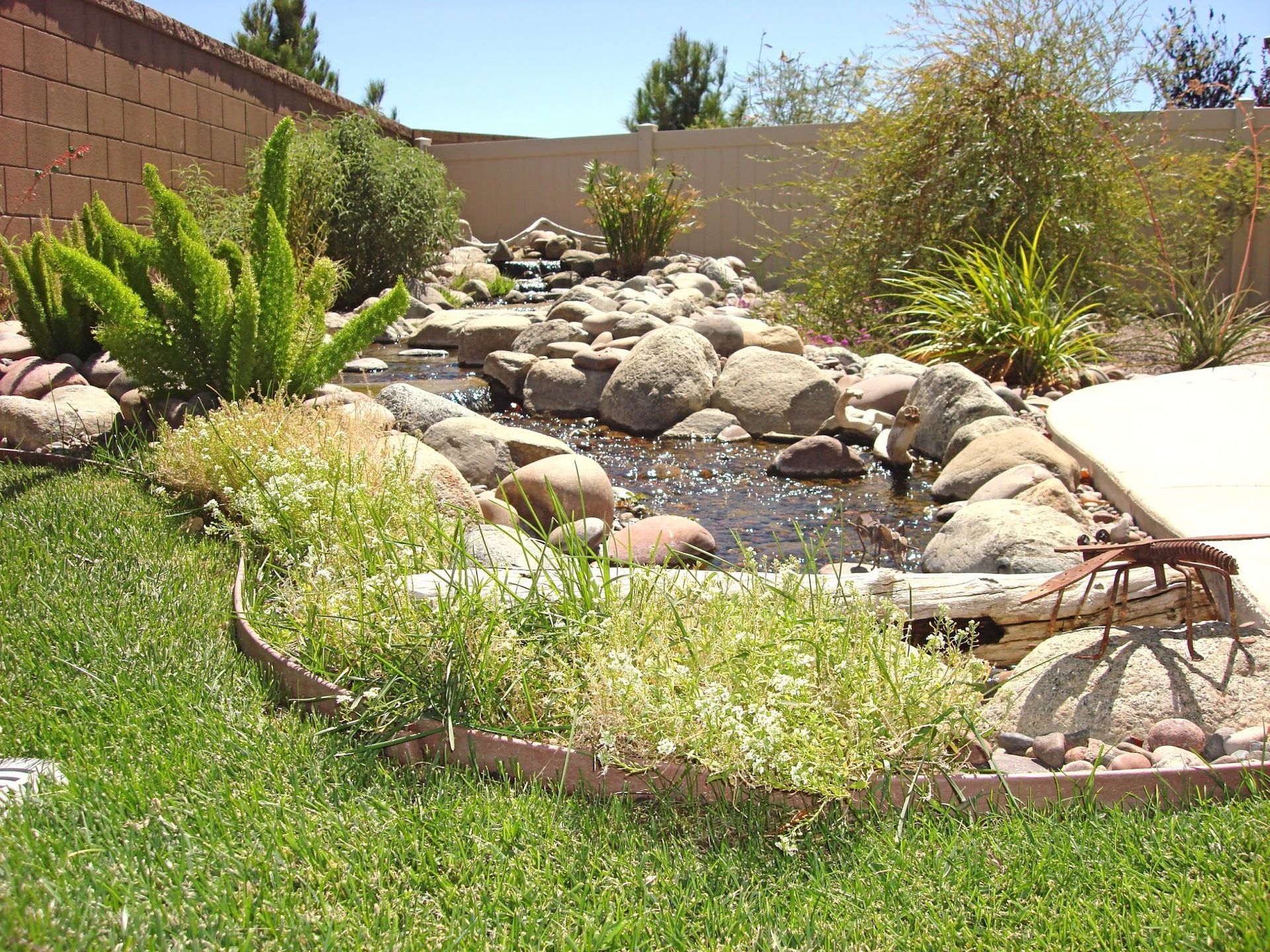 Small backyard pond with rocks, plants, and flowing water, surrounded by grass and a wall.