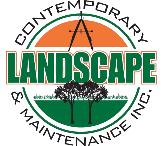 Logo for Contemporary Landscape & Maintenance Inc. with a green and orange circular design, trees, and compass tool.