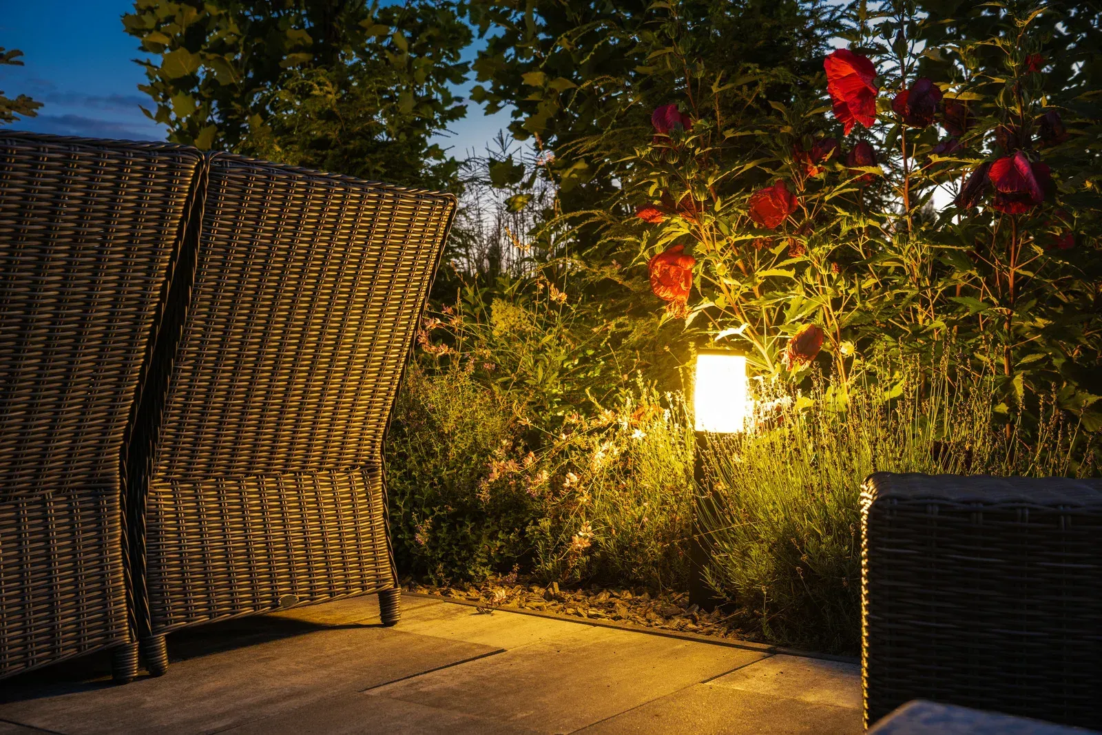Outdoor patio with illuminated landscaping at night.