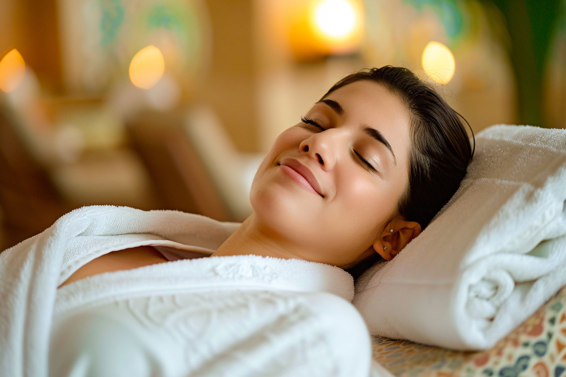 Woman resting on a spa bed with a white robe and towel, eyes closed, in a warm, softly lit room