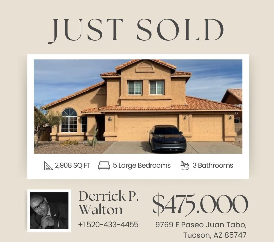 Just sold real estate flyer featuring a tan stucco house and agent contact details.