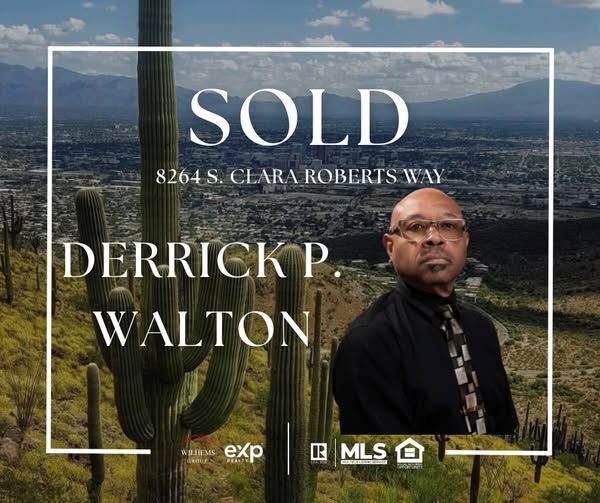 Sold real estate sign for Derrick P. Walton, 8204 S. Clara Roberts Way, with desert landscape and man portrait.