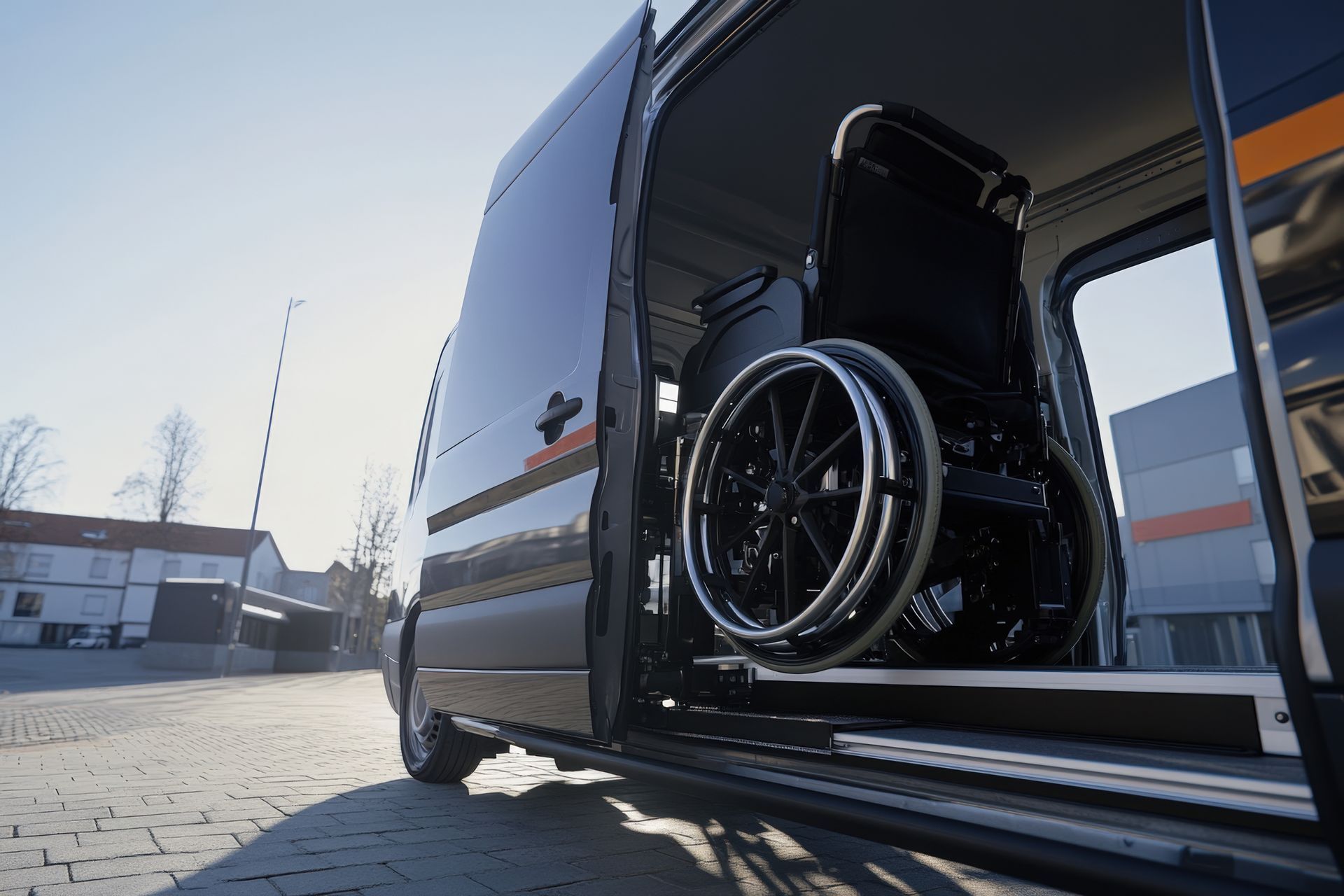 Black wheelchair accessible van with ramp open, wheelchair inside. Sunny outdoor setting.