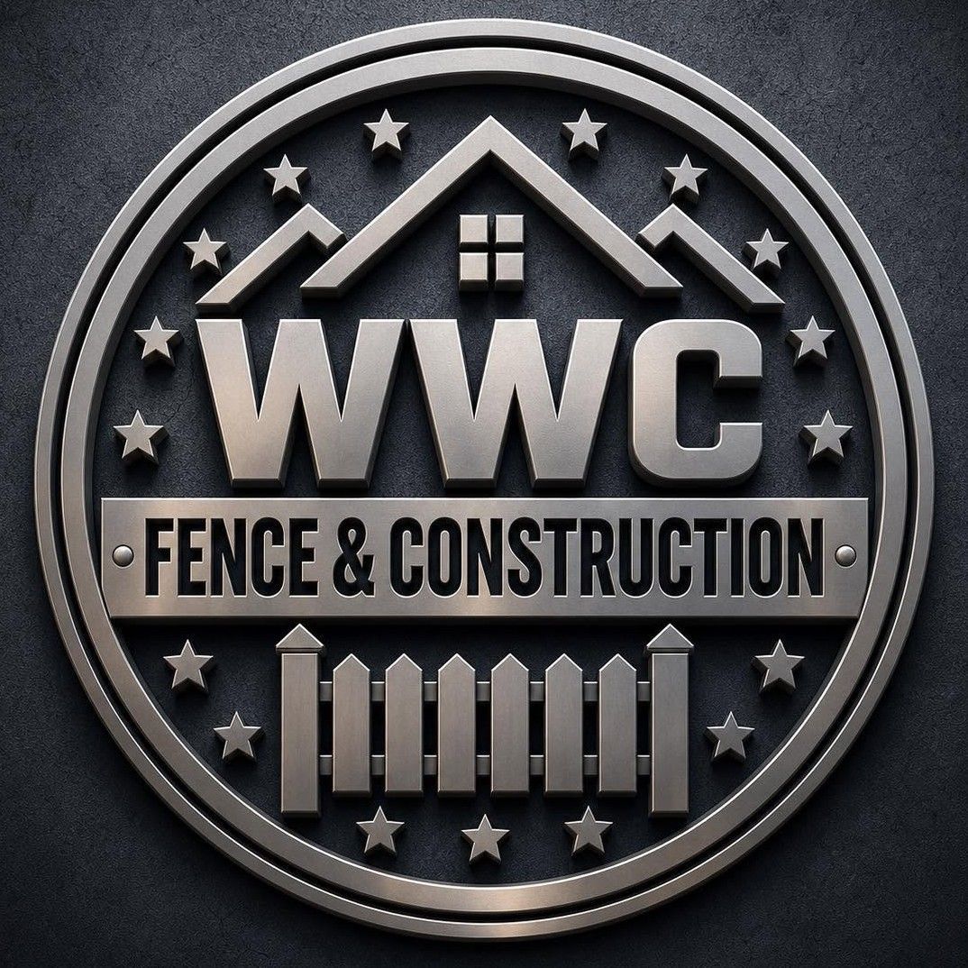 Circular metal logo for WWC Fence & Construction with house, stars, and fence design