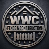 Circular metal logo for WWC Fence & Construction with house, stars, and fence design
