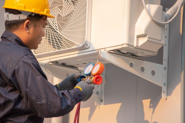 Technician in yellow hard hat testing an outdoor air-conditioning unit with a multimeter and cables