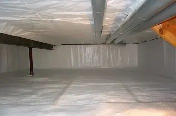Unfinished basement with plastic vapor barrier flooring, exposed beams, ducts, and support columns