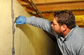 Hairline cracks spreading across a light gray plaster wall