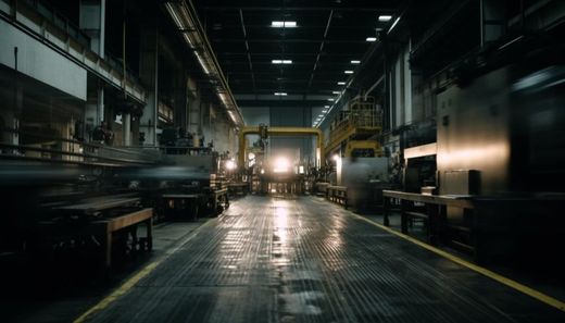 Dim industrial warehouse with a wet floor and bright lights at the far end of a long aisle