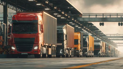 Red freight trucks lined up at a warehouse loading dock under an industrial canopy