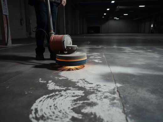 Worker grinding a concrete floor, creating sparks in a dimly lit warehouse corridor