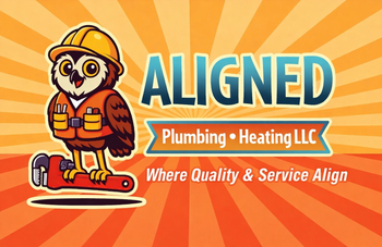 Cartoon plumber mascot with &ldquo;ALIGNED Plumbing + Heating LLC&rdquo; on an orange sunburst background