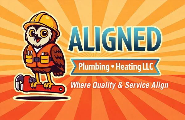 Cartoon plumber mascot with &ldquo;ALIGNED Plumbing + Heating LLC&rdquo; on an orange sunburst background