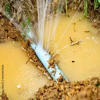 Broken blue pipe spraying muddy water into a dirt trench
