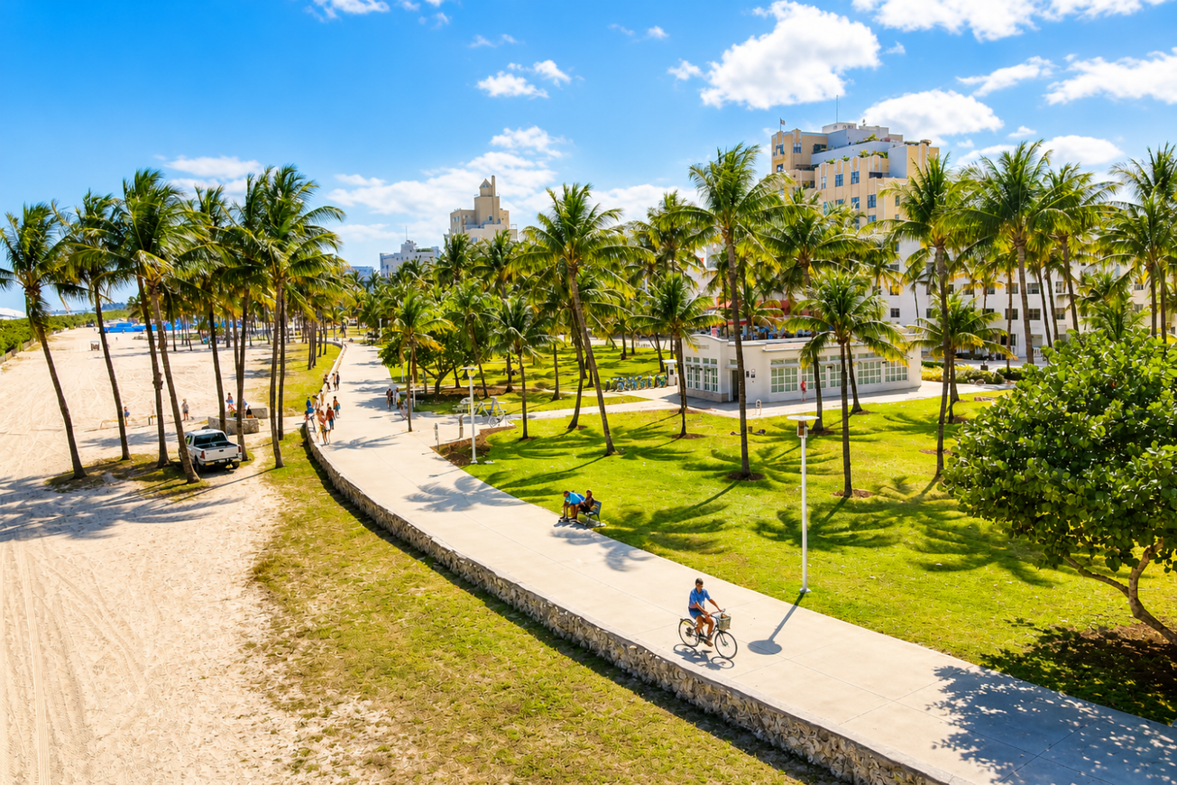 Sunny beachfront park with palm trees, a winding path, and a cyclist near the beach
