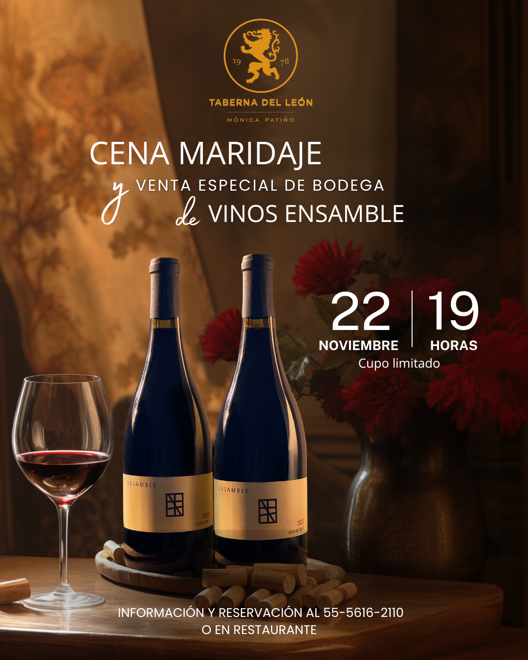 Cena maridaje y venta especial de bodega con vino tinto; evento el 22 de noviembre a las 19 horas.