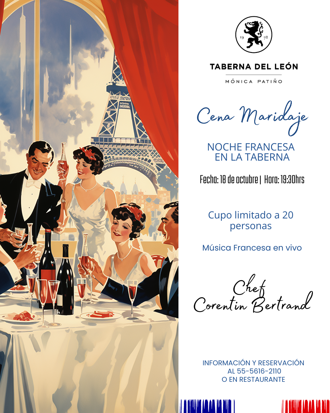 Cartel para cena con la Torre Eiffel, cortinas rojas y detalles del evento en español para Taberna del León.