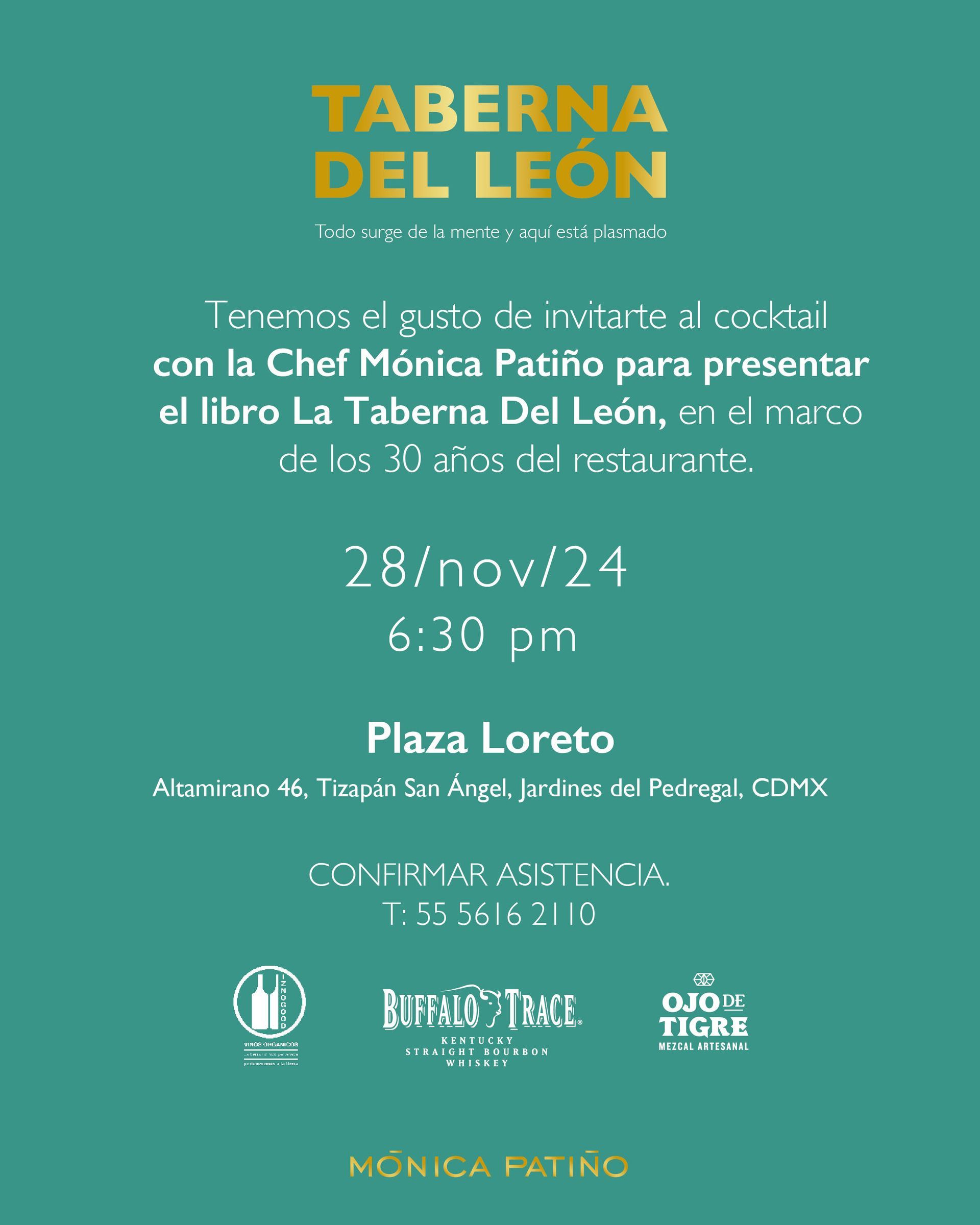 Cartel verde del evento para la presentación del libro “Taberna del León” en Plaza Loreto, 28 de noviembre, 18:30 h.