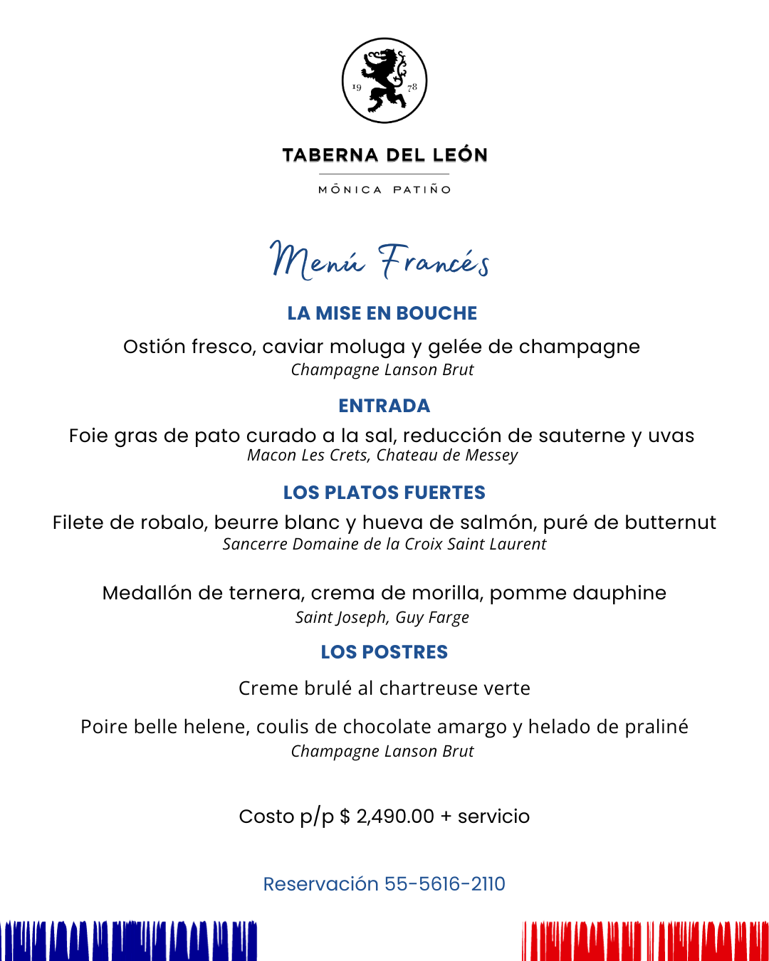 Menú de la Taberna del León en francés con texto negro y detalles azules sobre fondo blanco.