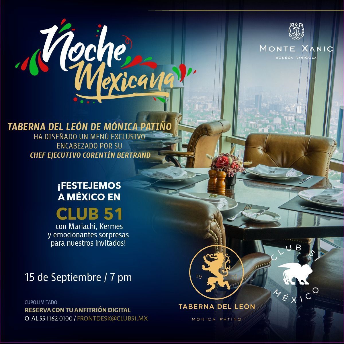 Cartel del evento Noche Mexicana con mesa de restaurante, vista de la ciudad y logotipos de Monte Xanic y Taberna del León.