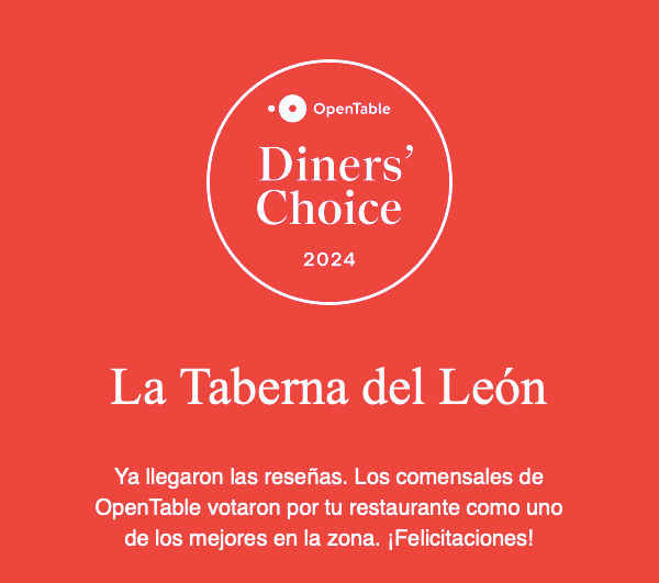 Gráfico del premio OpenTable Diners' Choice 2024 para La Taberna del León sobre un fondo rojo.