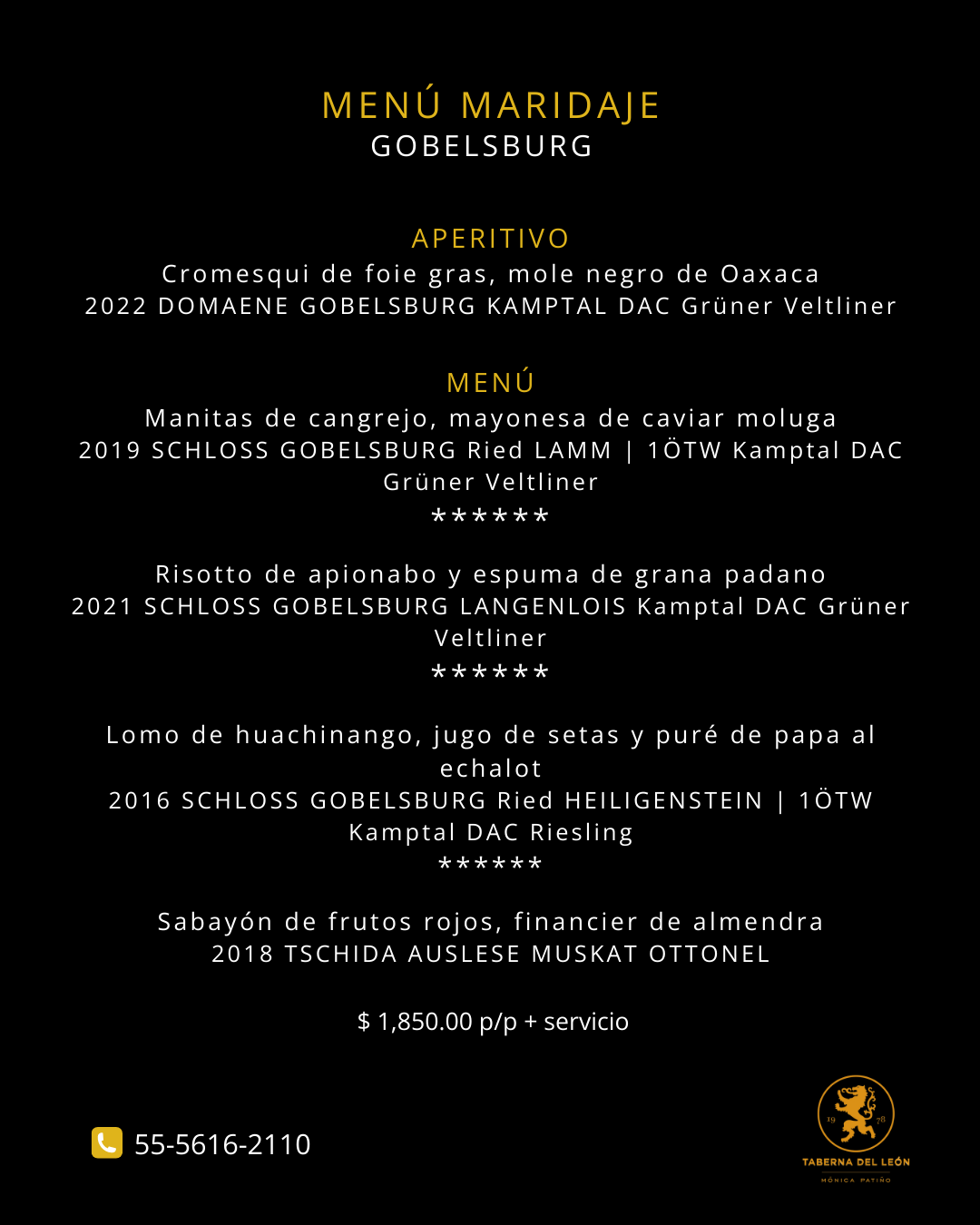 Menú gourmet de Maridaje sobre fondo oscuro con texto dorado y blanco, que enumera los platos y los vinos.