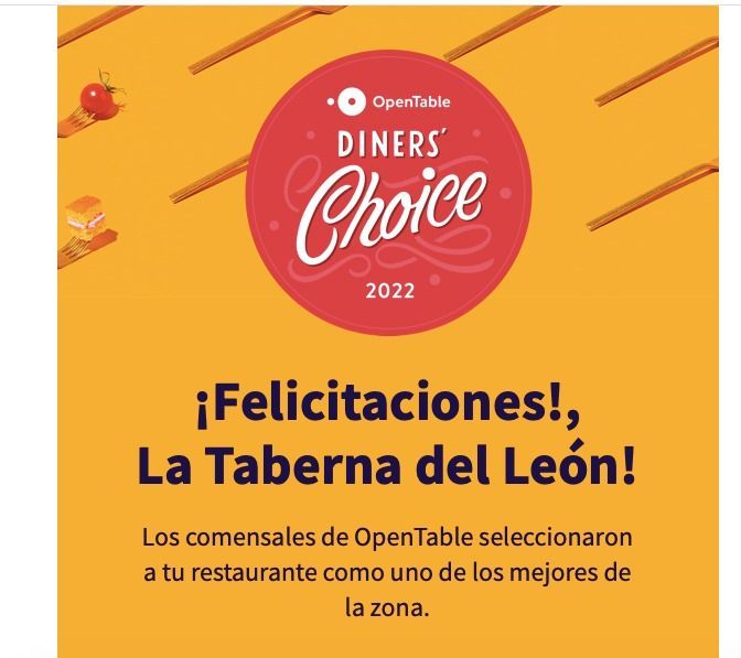 Insignia OpenTable Diners' Choice 2022 con texto de felicitación para La Taberna del León sobre fondo amarillo.
