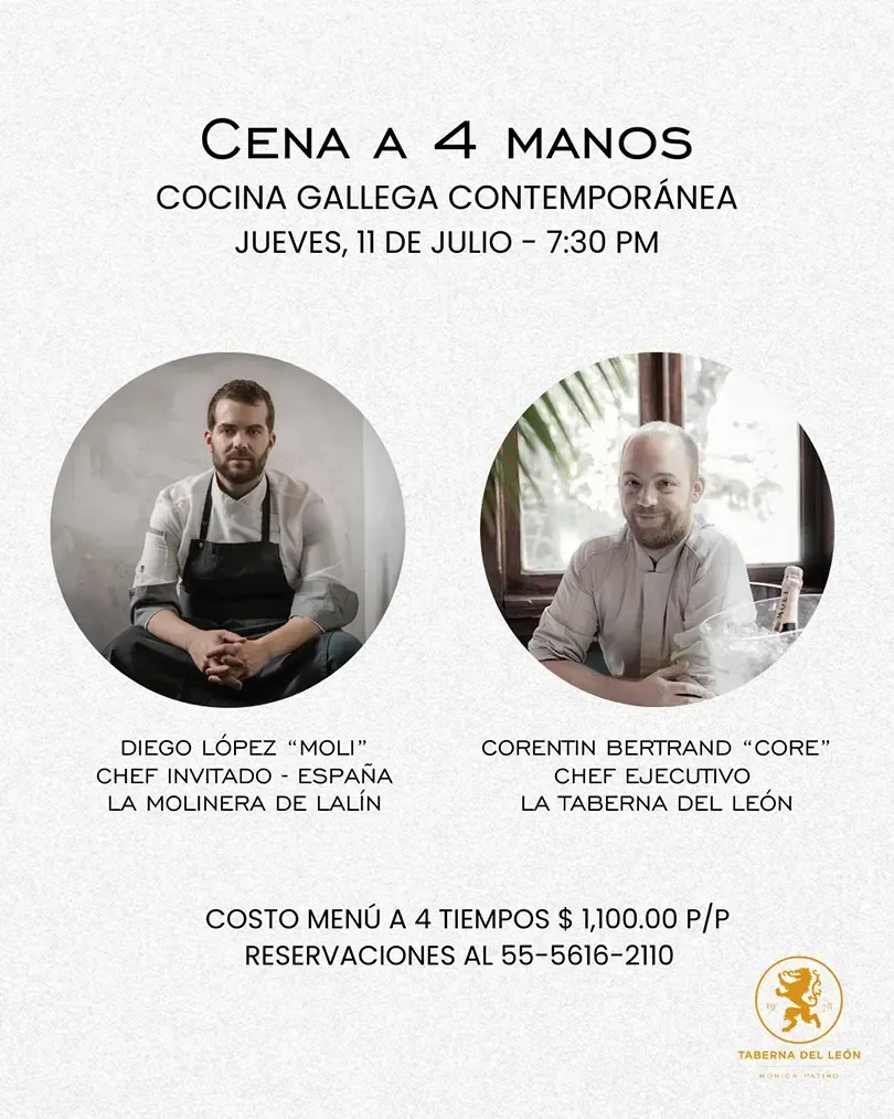 Cena a 4 manos: cocina gallega contemporánea, jueves 11 de julio, 7:30 PM, con dos chefs y menú degustación.